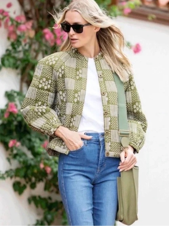 Julia Amory Jackets & Blazers - Quilted Olive Green Patterned Jacket
